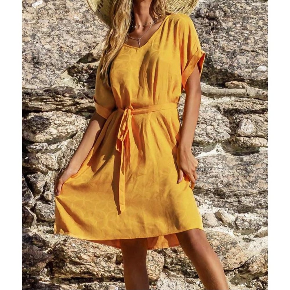 Yellow V Neck Side Slit Boho Chic Dress Size M